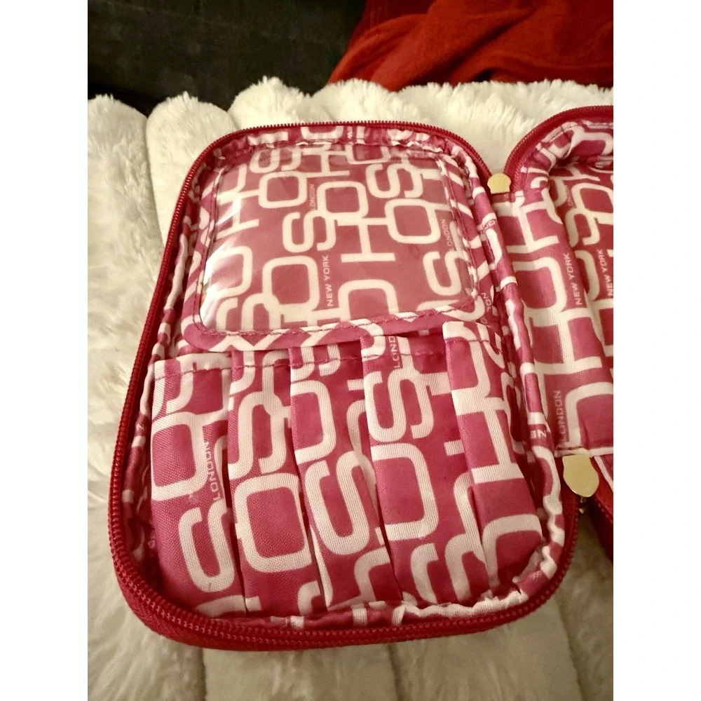 Soho London New York Makeup Bag Pink Orange Striped Travel Cosmetic‎ Case Zip